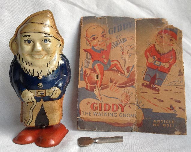 c1950's tinplate British Wells Brimtoy Giddy The Walking Gnome clock work wind up toy